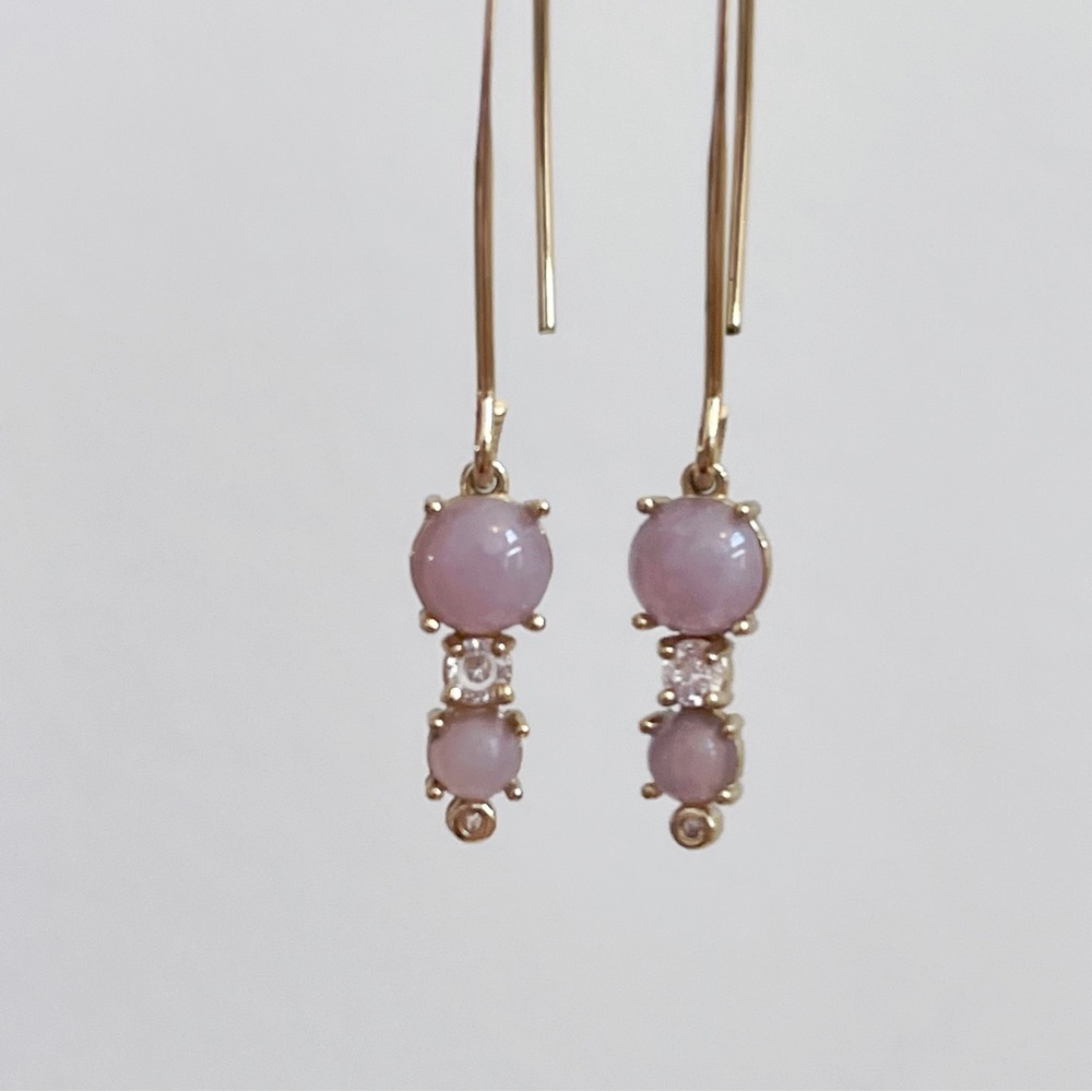 Gold Tone Rose Quartz & CZ Hook Earrings Pretty